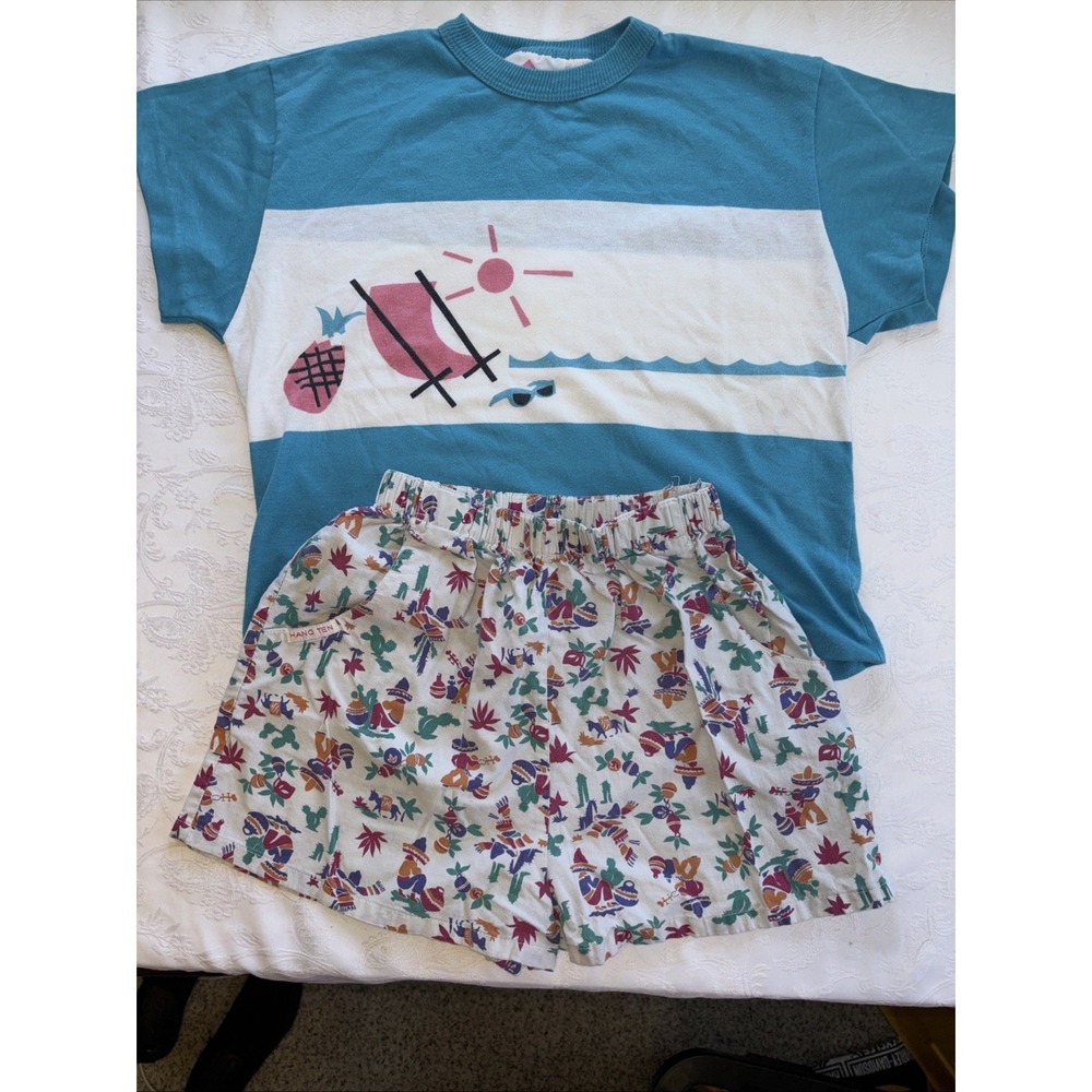 Hang Ten Vintage 80s Blue Graphic Surf Tee Set Boxy S/M All Cotton USA Made READ